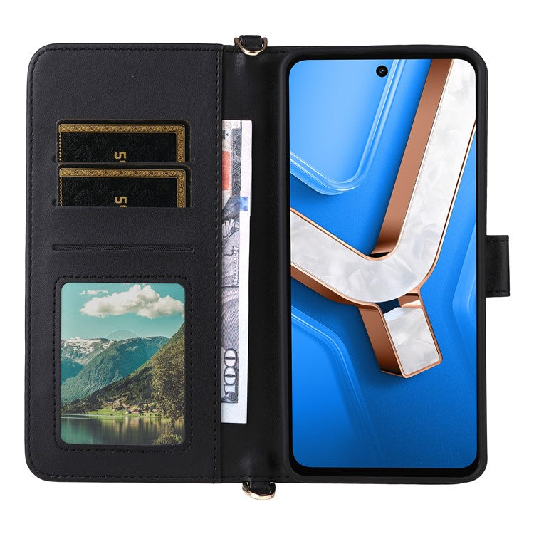 For vivo Y29 4G / T4x 5G Case with Shoulder Strap Wallet Leather Phone Cover - Black