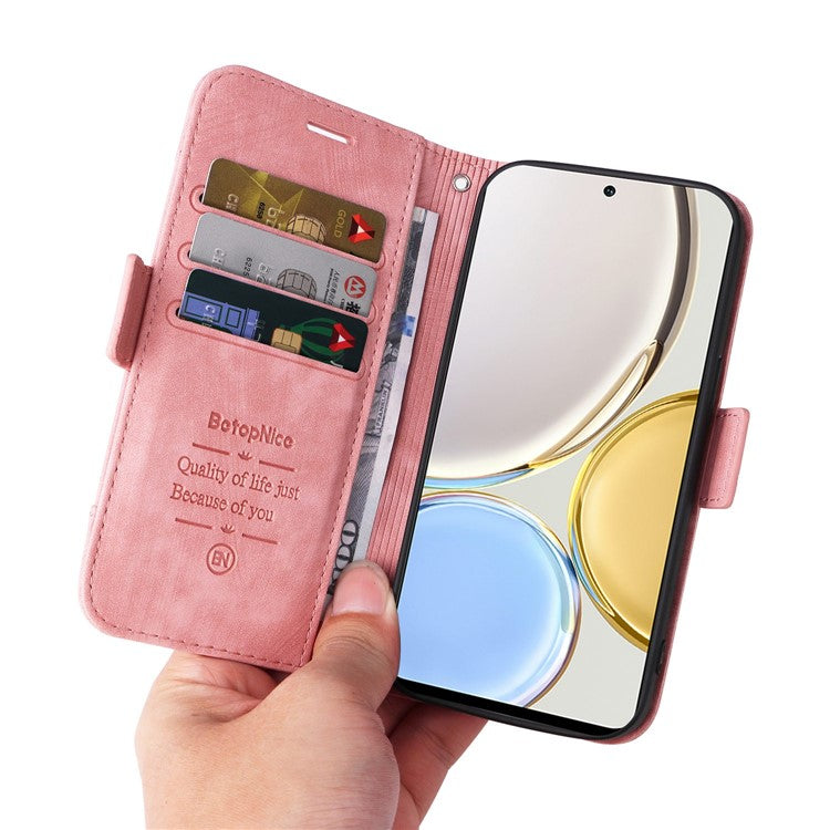 BETOPNICE 001 For Honor X9 4G / X9 5G / X30 5G / Magic4 Lite 5G / Magic4 Lite 4G Imprinted Stitching Line PU Leather Stand Wallet Case Shockproof Cover with Strap - Pink