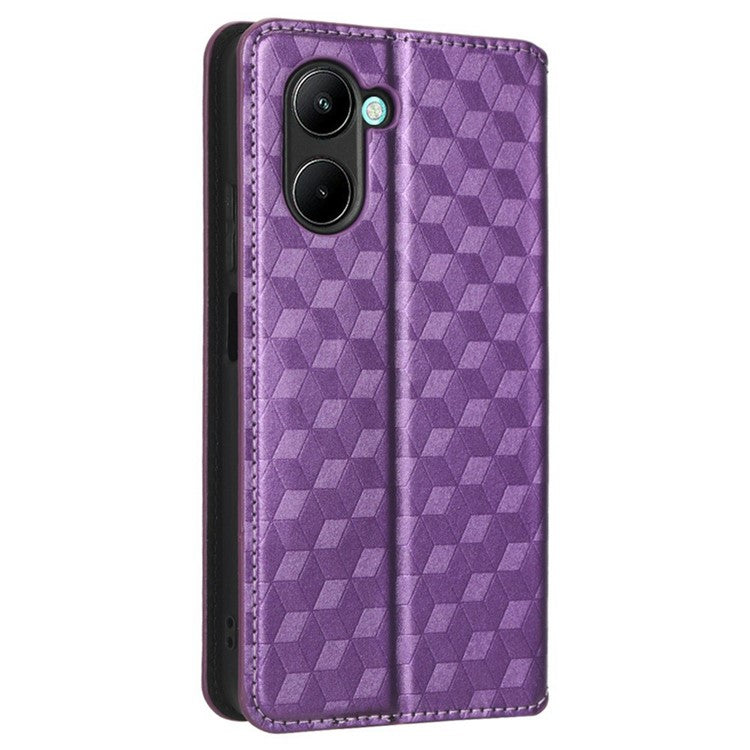 For Realme C33 4G PU Leather Flip Folio Wallet Phone Case Rhombus Pattern Imprinted Magnetic Absorption Stand Flip Cover - Purple