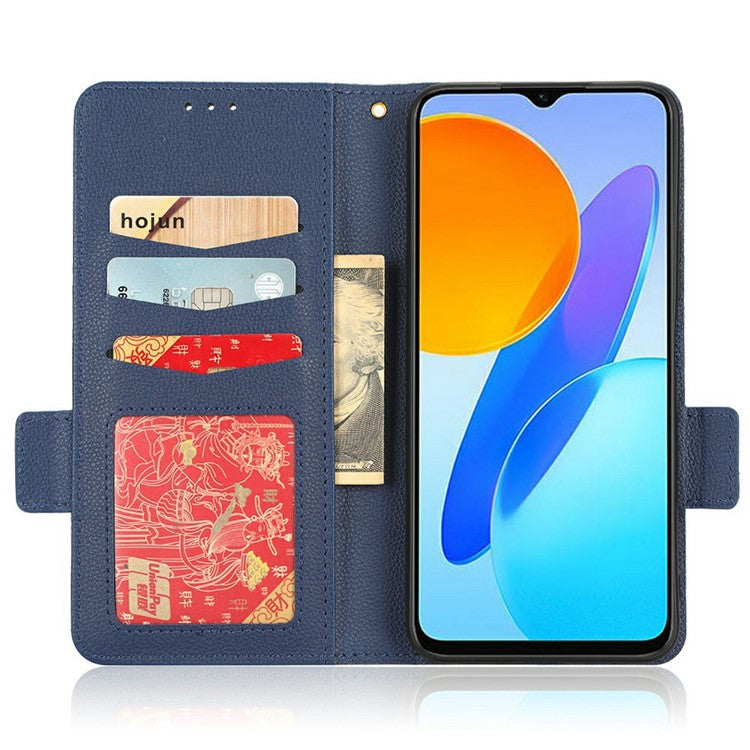 For Honor X8 5G Litchi Texture PU Leather Wallet Case Stand Feature Dual Magnetic Clasp Protective Shockproof Phone Cover - Dark Blue