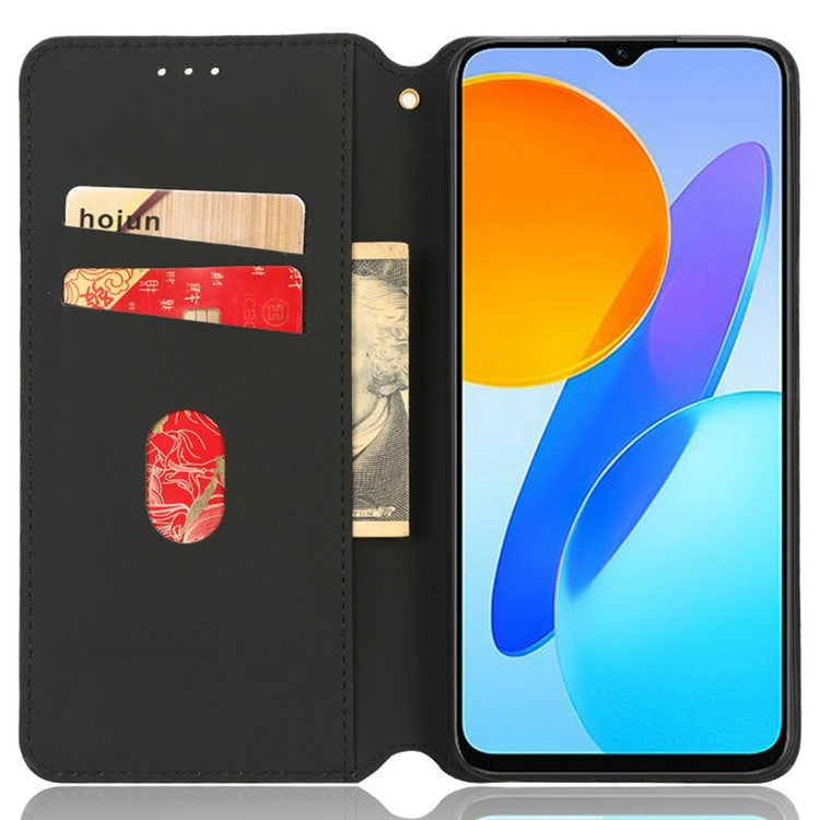 For Honor X8 5G PU Leather Flip Cover Imprinted Rhombus Pattern Magnetic Auto-absorbed Stand Wallet Phone Case - Black