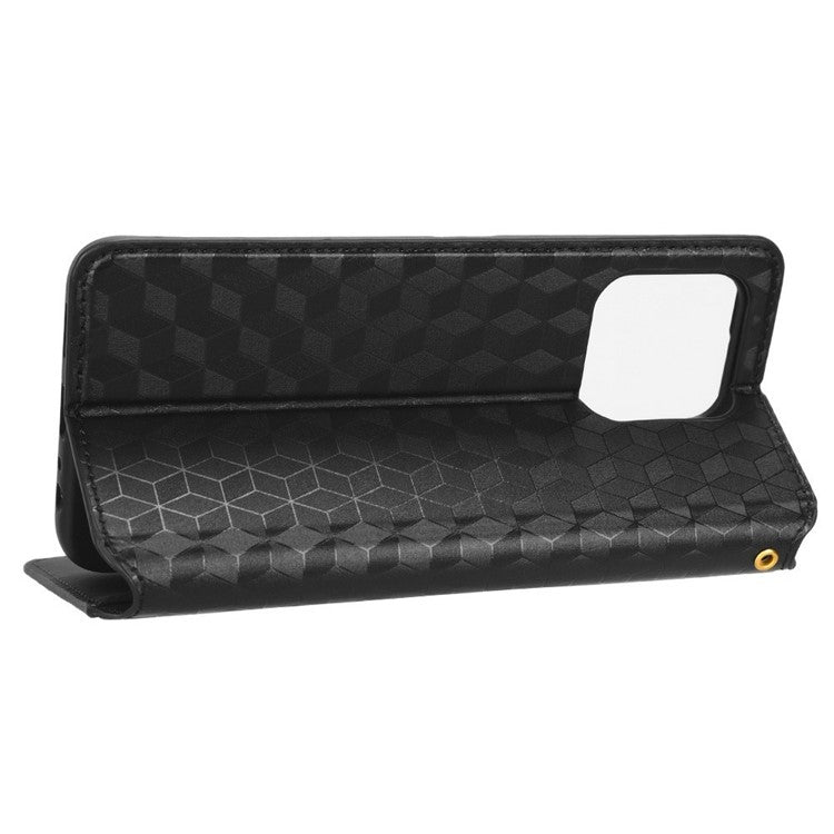 For Honor X8 5G PU Leather Flip Cover Imprinted Rhombus Pattern Magnetic Auto-absorbed Stand Wallet Phone Case - Black