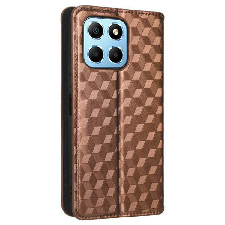 For Honor X8 5G PU Leather Flip Cover Imprinted Rhombus Pattern Magnetic Auto-absorbed Stand Wallet Phone Case - Brown