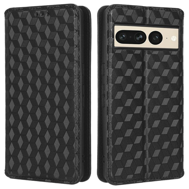 Anti-scratch Phone Case For Google Pixel 7 Pro 5G, Magnetic Auto Closing Phone Shell Stand Imprinted Rhombus Pattern PU Leather Flip Wallet Cover - Black