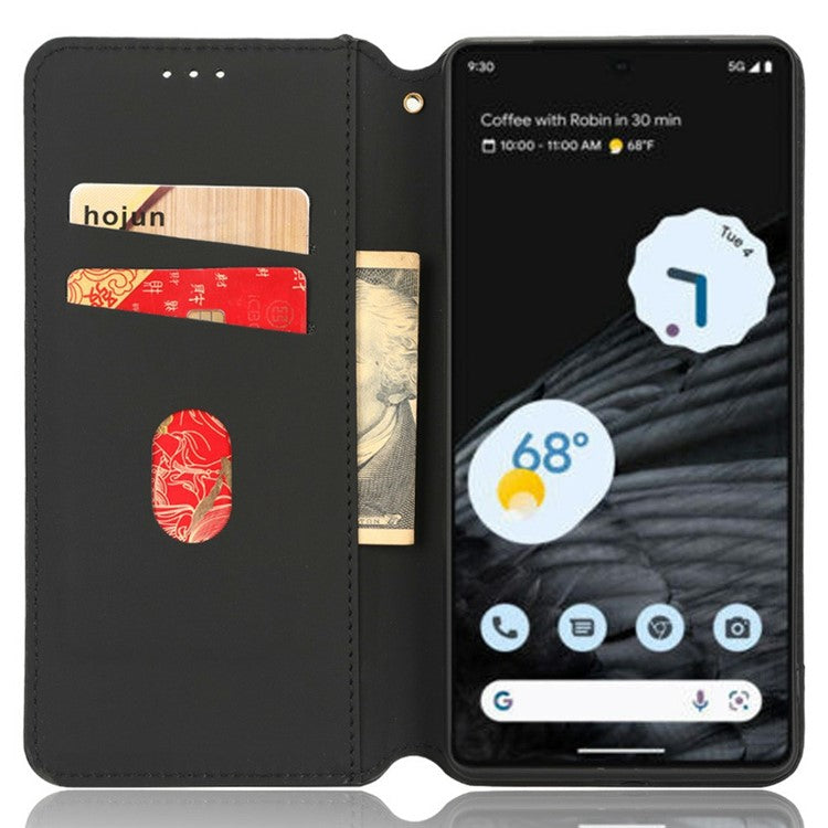 Anti-scratch Phone Case For Google Pixel 7 Pro 5G, Magnetic Auto Closing Phone Shell Stand Imprinted Rhombus Pattern PU Leather Flip Wallet Cover - Black