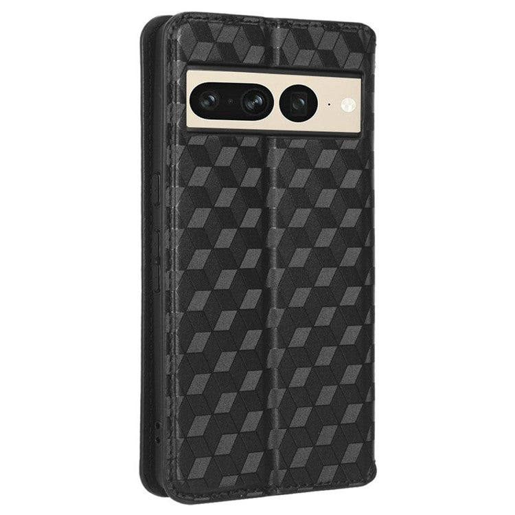Anti-scratch Phone Case For Google Pixel 7 Pro 5G, Magnetic Auto Closing Phone Shell Stand Imprinted Rhombus Pattern PU Leather Flip Wallet Cover - Black
