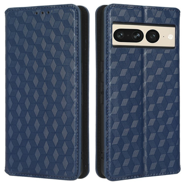 Anti-scratch Phone Case For Google Pixel 7 Pro 5G, Magnetic Auto Closing Phone Shell Stand Imprinted Rhombus Pattern PU Leather Flip Wallet Cover - Blue
