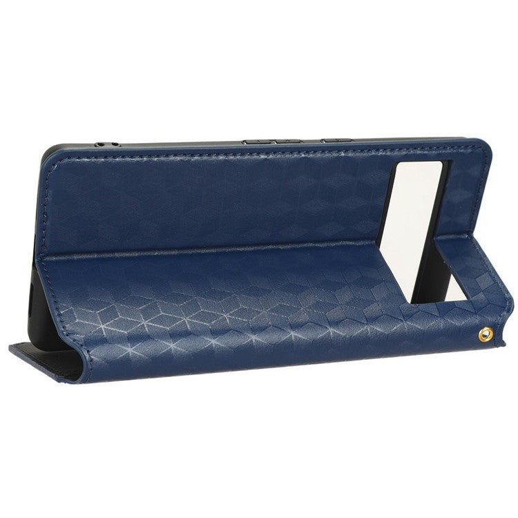 Anti-scratch Phone Case For Google Pixel 7 Pro 5G, Magnetic Auto Closing Phone Shell Stand Imprinted Rhombus Pattern PU Leather Flip Wallet Cover - Blue