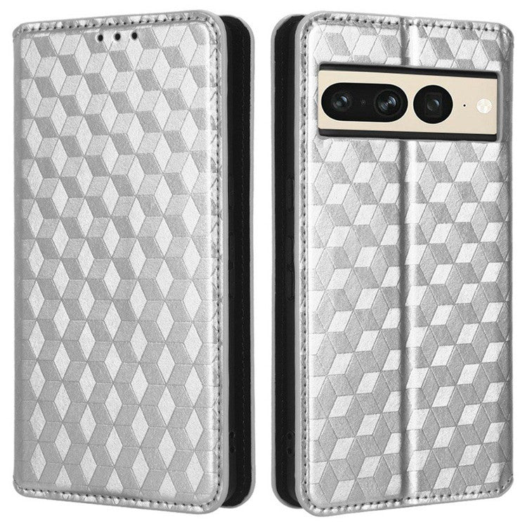Anti-scratch Phone Case For Google Pixel 7 Pro 5G, Magnetic Auto Closing Phone Shell Stand Imprinted Rhombus Pattern PU Leather Flip Wallet Cover - Silver
