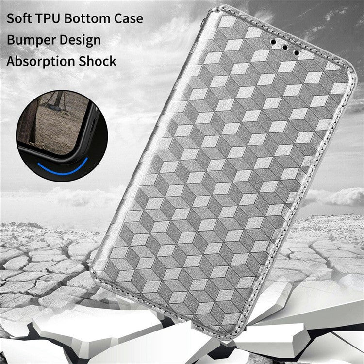 Anti-scratch Phone Case For Google Pixel 7 Pro 5G, Magnetic Auto Closing Phone Shell Stand Imprinted Rhombus Pattern PU Leather Flip Wallet Cover - Silver