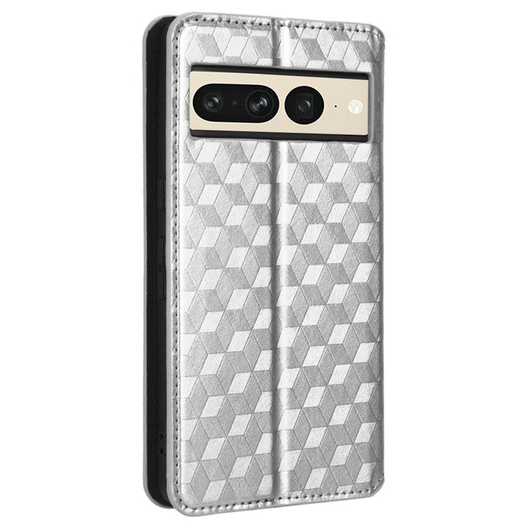 Anti-scratch Phone Case For Google Pixel 7 Pro 5G, Magnetic Auto Closing Phone Shell Stand Imprinted Rhombus Pattern PU Leather Flip Wallet Cover - Silver