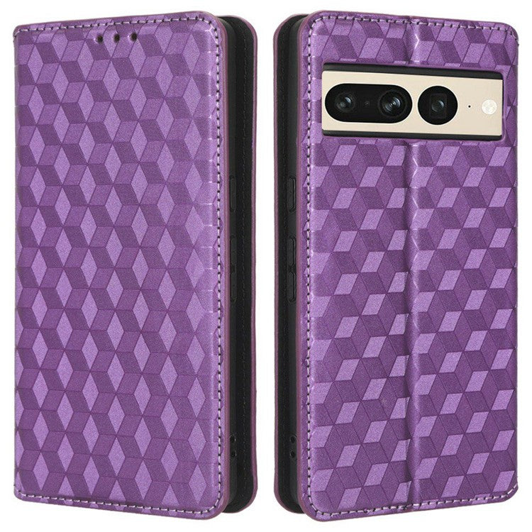 Anti-scratch Phone Case For Google Pixel 7 Pro 5G, Magnetic Auto Closing Phone Shell Stand Imprinted Rhombus Pattern PU Leather Flip Wallet Cover - Purple
