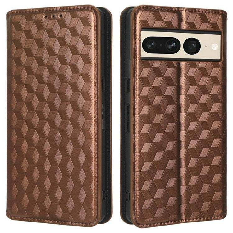 Anti-scratch Phone Case For Google Pixel 7 Pro 5G, Magnetic Auto Closing Phone Shell Stand Imprinted Rhombus Pattern PU Leather Flip Wallet Cover - Brown