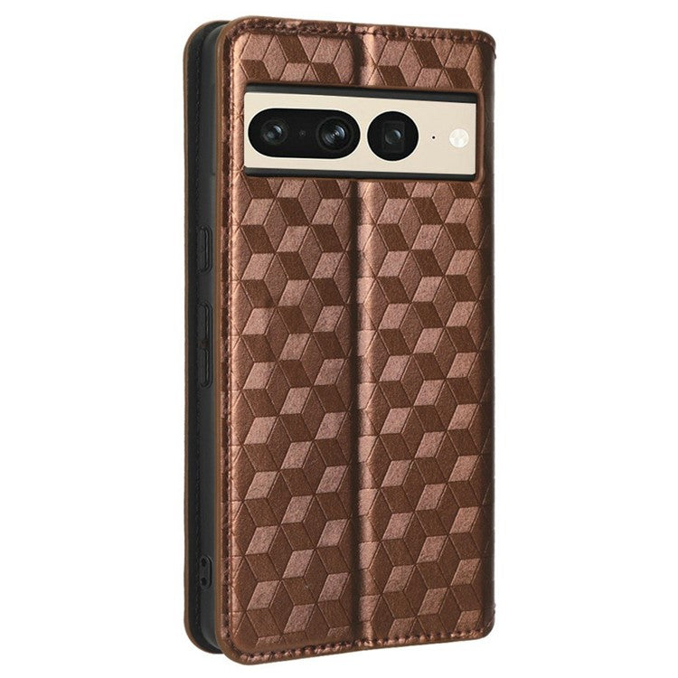 Anti-scratch Phone Case For Google Pixel 7 Pro 5G, Magnetic Auto Closing Phone Shell Stand Imprinted Rhombus Pattern PU Leather Flip Wallet Cover - Brown