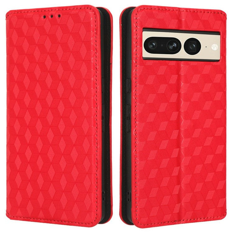Anti-scratch Phone Case For Google Pixel 7 Pro 5G, Magnetic Auto Closing Phone Shell Stand Imprinted Rhombus Pattern PU Leather Flip Wallet Cover - Red