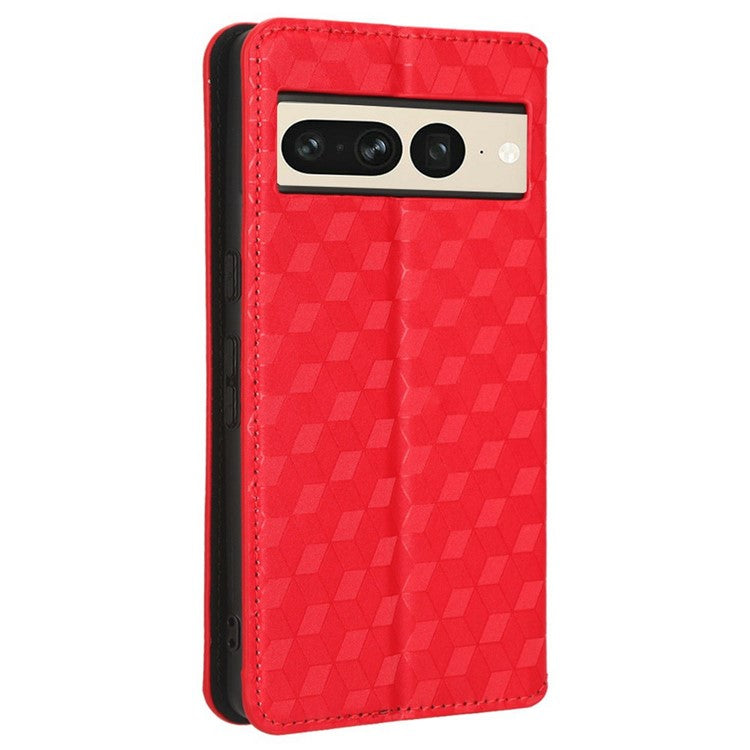 Anti-scratch Phone Case For Google Pixel 7 Pro 5G, Magnetic Auto Closing Phone Shell Stand Imprinted Rhombus Pattern PU Leather Flip Wallet Cover - Red