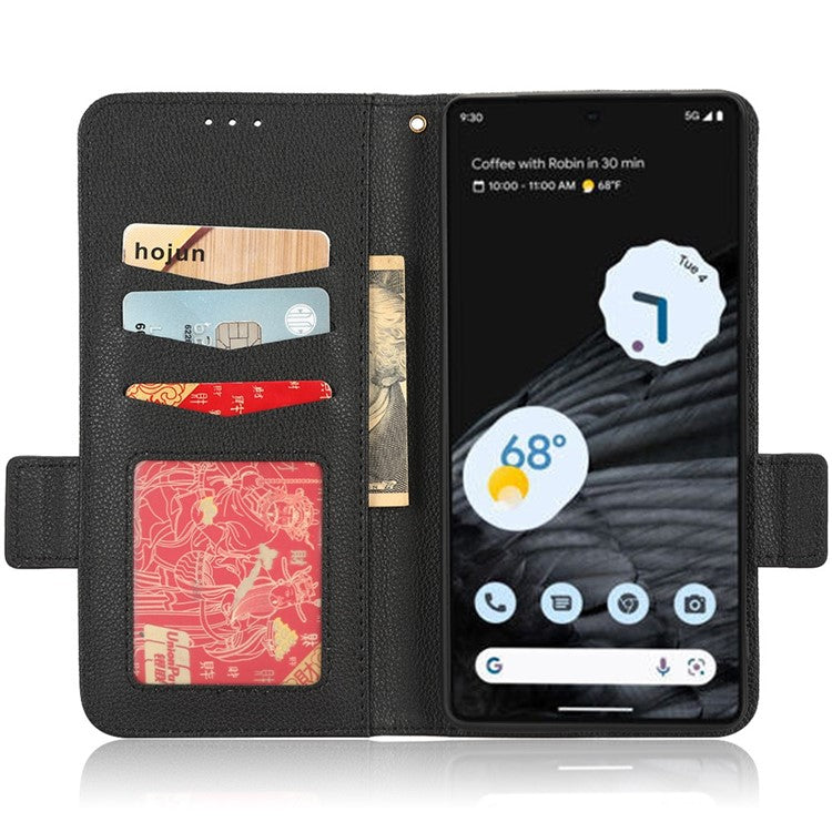Litchi Texture Phone Cover for Google Pixel 7 Pro 5G, PU Leather Dual Magnetic Clasp Shockproof Phone Case Wallet Stand - Black