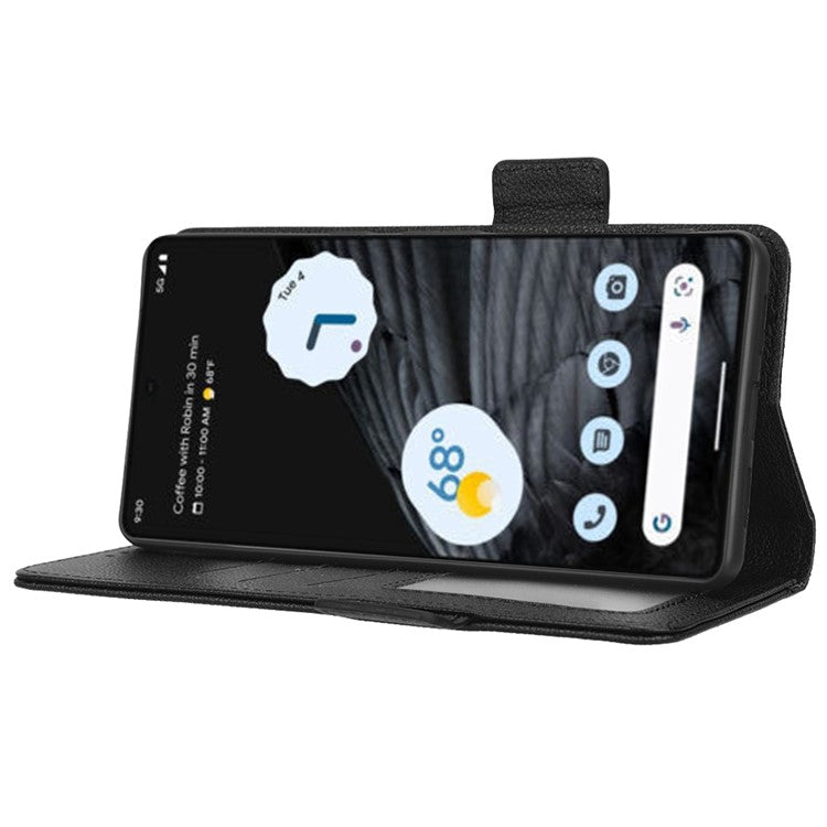Litchi Texture Phone Cover for Google Pixel 7 Pro 5G, PU Leather Dual Magnetic Clasp Shockproof Phone Case Wallet Stand - Black