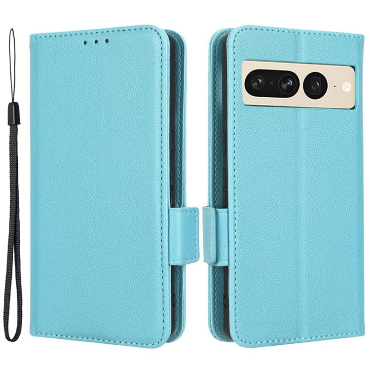 Litchi Texture Phone Cover for Google Pixel 7 Pro 5G, PU Leather Dual Magnetic Clasp Shockproof Phone Case Wallet Stand - Baby Blue