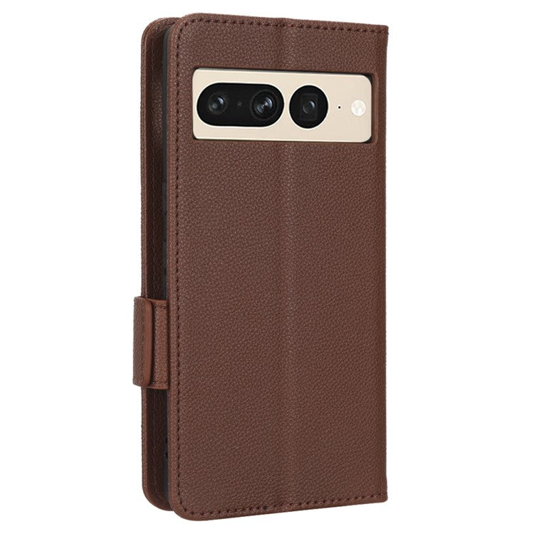 Litchi Texture Phone Cover for Google Pixel 7 Pro 5G, PU Leather Dual Magnetic Clasp Shockproof Phone Case Wallet Stand - Brown