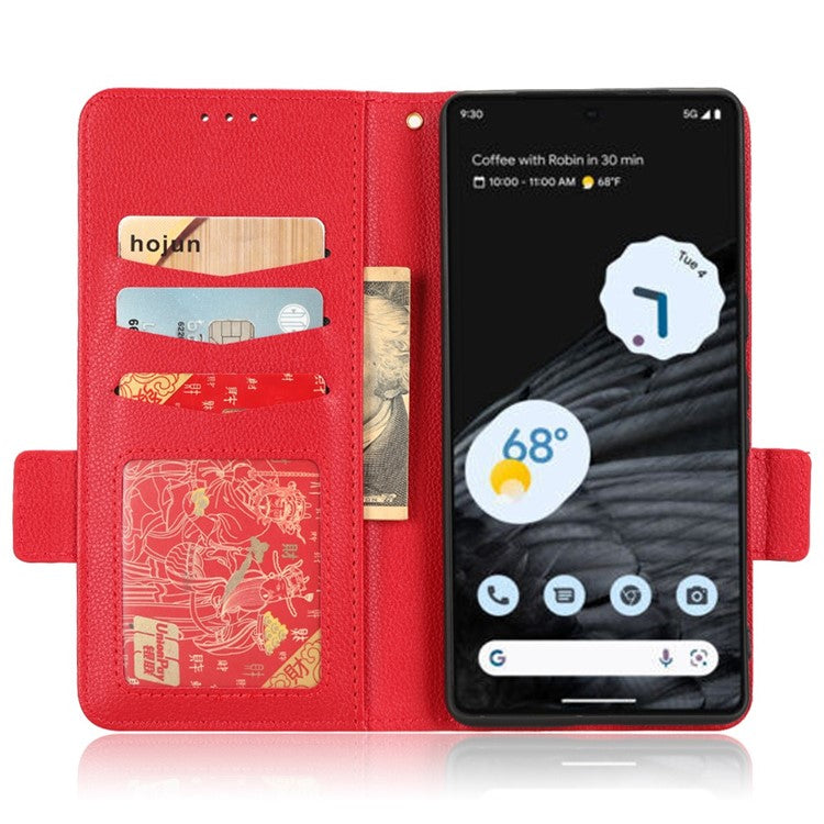 Litchi Texture Phone Cover for Google Pixel 7 Pro 5G, PU Leather Dual Magnetic Clasp Shockproof Phone Case Wallet Stand - Red