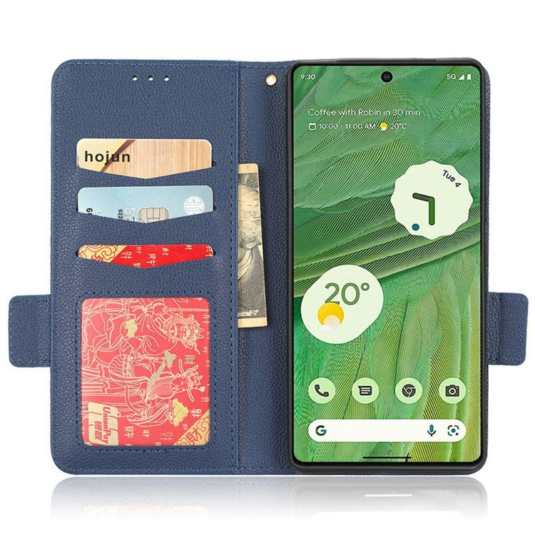 Drop-proof Phone Cover for Google Pixel 7 5G, Full Protection PU Leather Dual Magnetic Clasp Phone Case with Wallet Stand - Dark Blue
