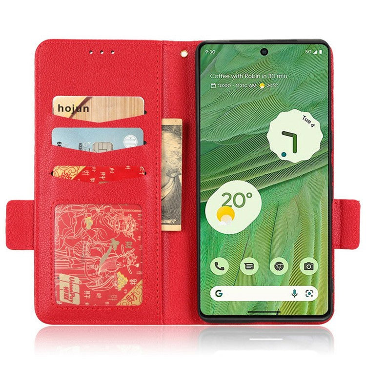 Drop-proof Phone Cover for Google Pixel 7 5G, Full Protection PU Leather Dual Magnetic Clasp Phone Case with Wallet Stand - Red