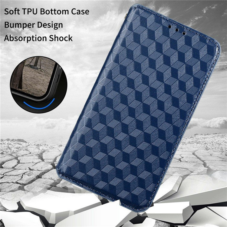 For Google Pixel 7 5G Anti-scratch Phone Case Stand Magnetic Auto Closing Imprinted Rhombus Pattern PU Leather Flip Wallet Cover - Blue