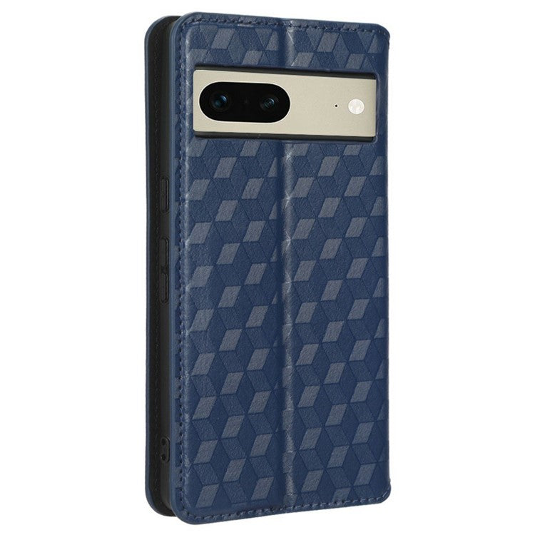 For Google Pixel 7 5G Anti-scratch Phone Case Stand Magnetic Auto Closing Imprinted Rhombus Pattern PU Leather Flip Wallet Cover - Blue