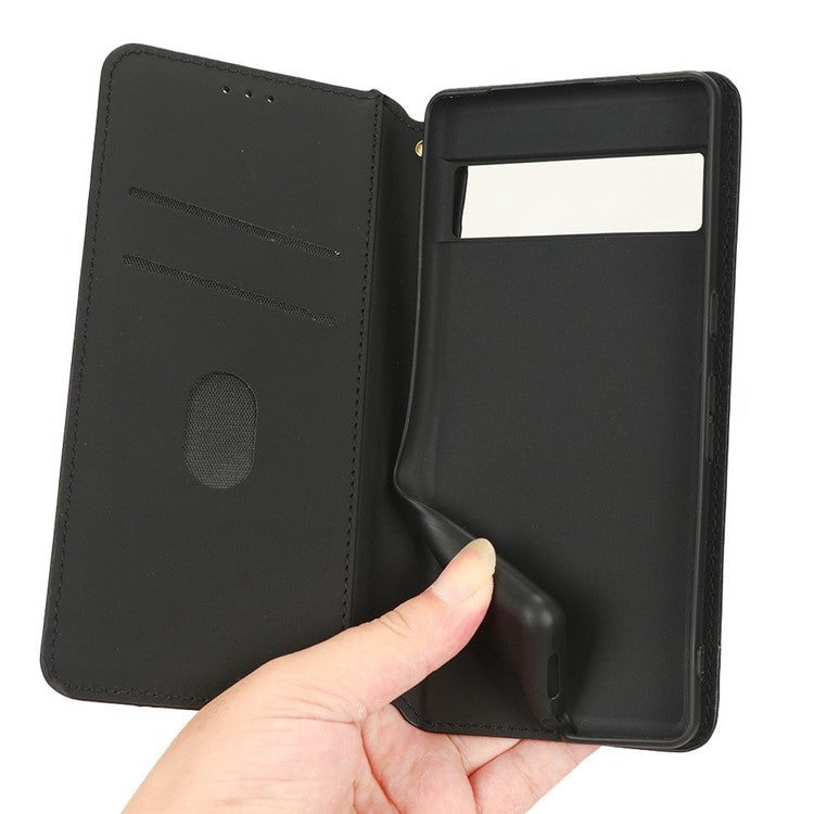 For Google Pixel 7 5G Anti-scratch Phone Case Stand Magnetic Auto Closing Imprinted Rhombus Pattern PU Leather Flip Wallet Cover - Silver