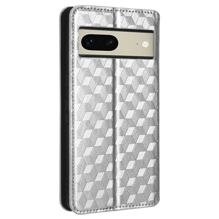 For Google Pixel 7 5G Anti-scratch Phone Case Stand Magnetic Auto Closing Imprinted Rhombus Pattern PU Leather Flip Wallet Cover - Silver