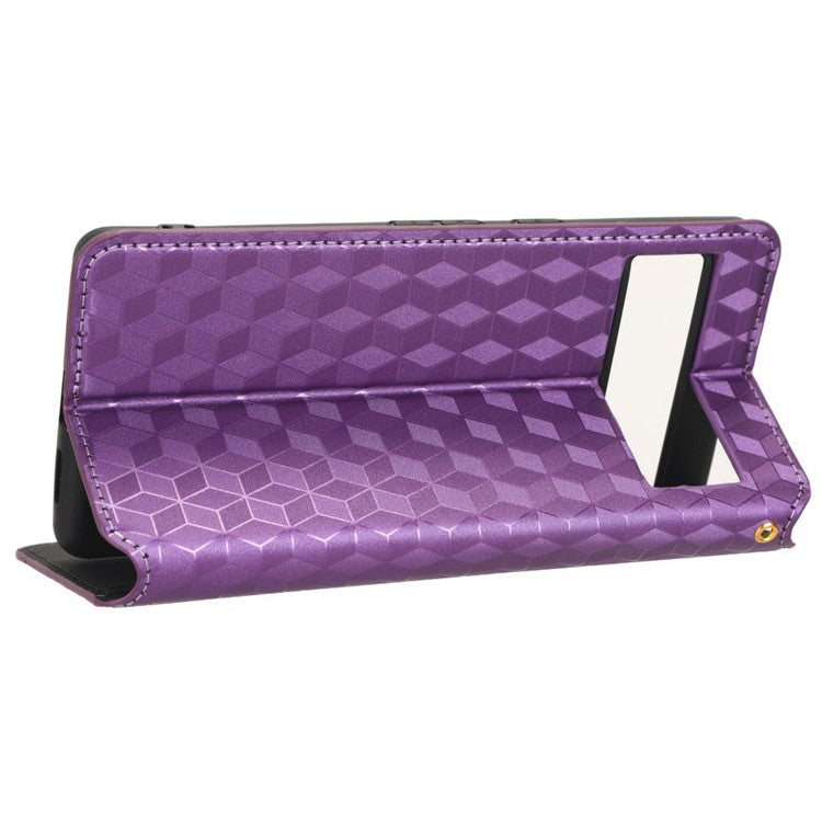For Google Pixel 7 5G Anti-scratch Phone Case Stand Magnetic Auto Closing Imprinted Rhombus Pattern PU Leather Flip Wallet Cover - Purple