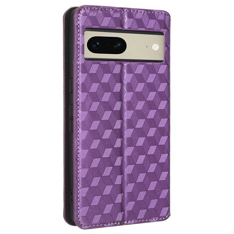 For Google Pixel 7 5G Anti-scratch Phone Case Stand Magnetic Auto Closing Imprinted Rhombus Pattern PU Leather Flip Wallet Cover - Purple