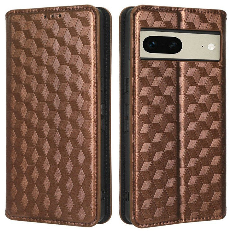 For Google Pixel 7 5G Anti-scratch Phone Case Stand Magnetic Auto Closing Imprinted Rhombus Pattern PU Leather Flip Wallet Cover - Brown
