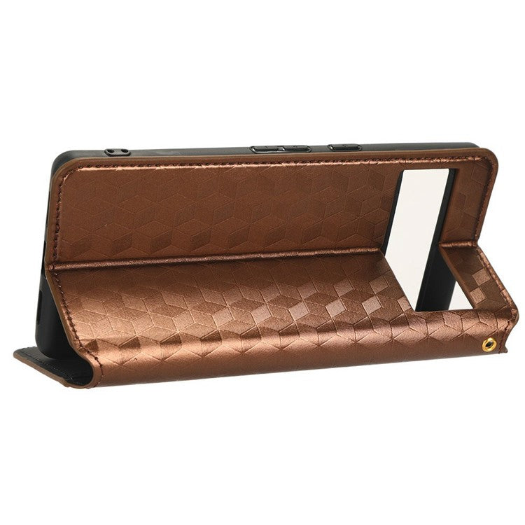 For Google Pixel 7 5G Anti-scratch Phone Case Stand Magnetic Auto Closing Imprinted Rhombus Pattern PU Leather Flip Wallet Cover - Brown