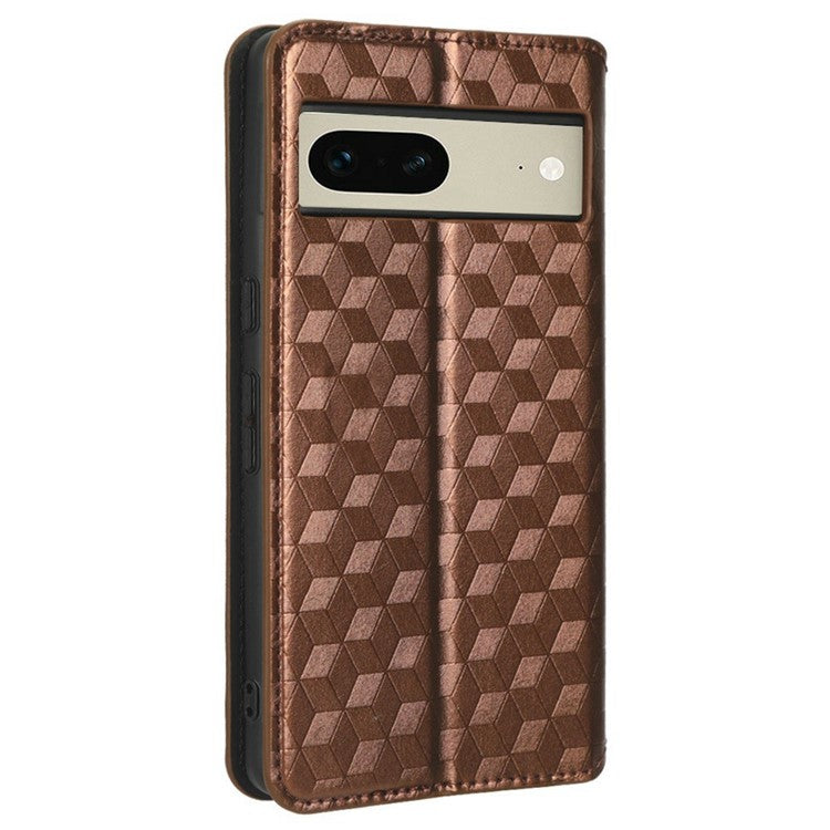 For Google Pixel 7 5G Anti-scratch Phone Case Stand Magnetic Auto Closing Imprinted Rhombus Pattern PU Leather Flip Wallet Cover - Brown