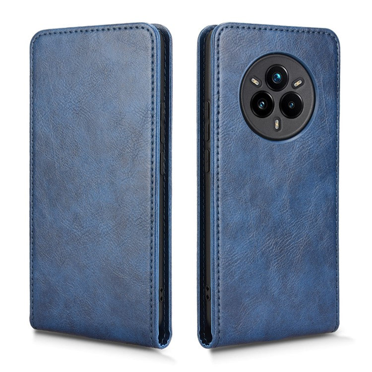 For Realme 14 Pro+ 5G Case with Card Slot Magnetic Vertical Flip Leather Phone Cover - Dark Blue