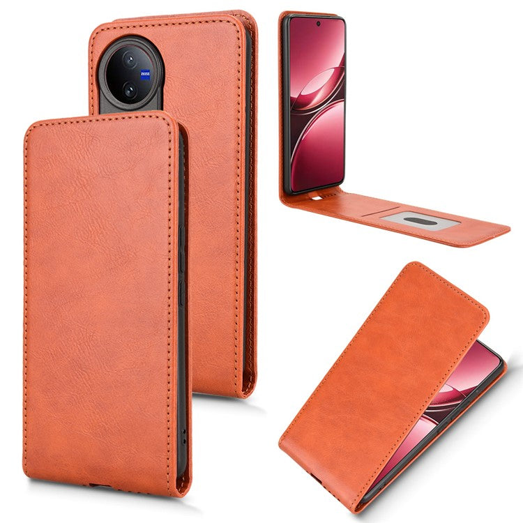 For vivo V50 5G Case with Card Slot Magnetic Vertical Flip Leather Phone Cover - Orange
