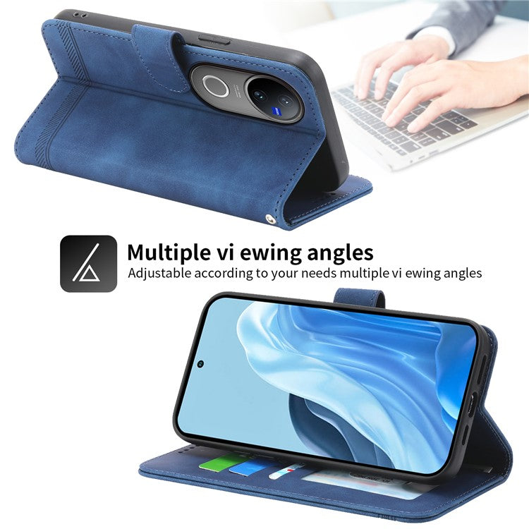 DIERFENG DF-03 For vivo V50 5G Leather Case Lines Imprint Wallet Phone Cover - Blue