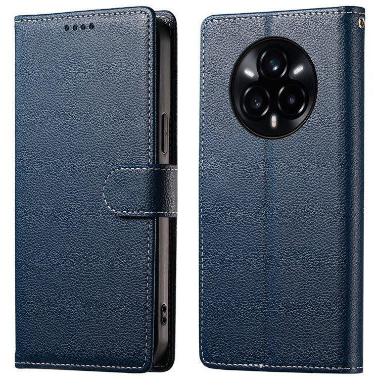 For Realme 14 Pro+ 5G Stand Case Litchi Texture Leather Wallet Phone Cover Magnetic Snap - Dark Blue