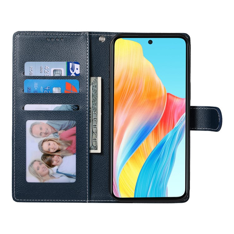 For Realme 14 Pro+ 5G Stand Case Litchi Texture Leather Wallet Phone Cover Magnetic Snap - Dark Blue