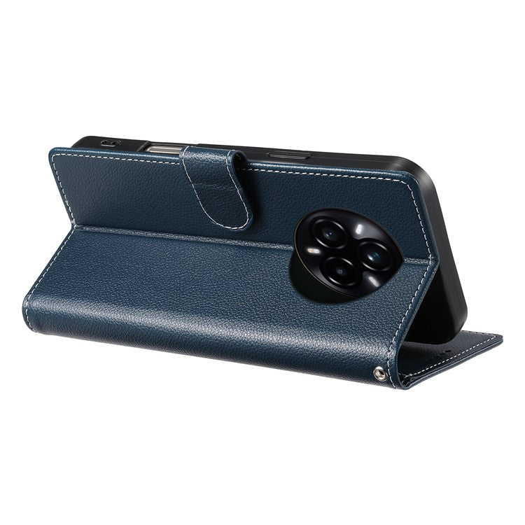 For Realme 14 Pro+ 5G Stand Case Litchi Texture Leather Wallet Phone Cover Magnetic Snap - Dark Blue
