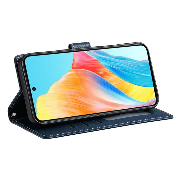 For Realme 14 Pro+ 5G Stand Case Litchi Texture Leather Wallet Phone Cover Magnetic Snap - Dark Blue