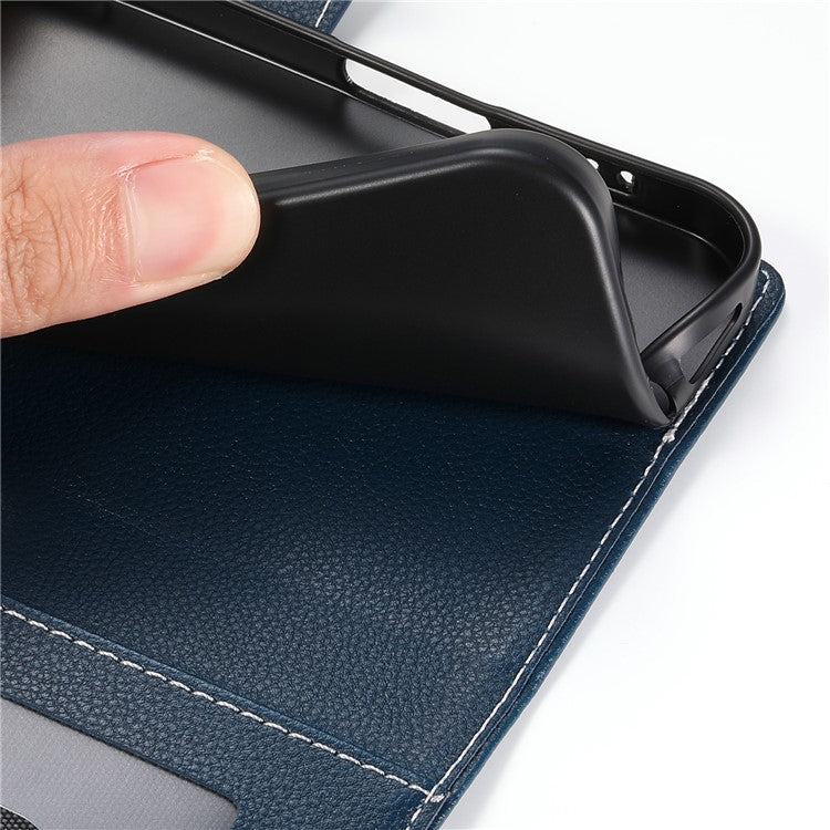 For Realme 14 Pro+ 5G Stand Case Litchi Texture Leather Wallet Phone Cover Magnetic Snap - Dark Blue