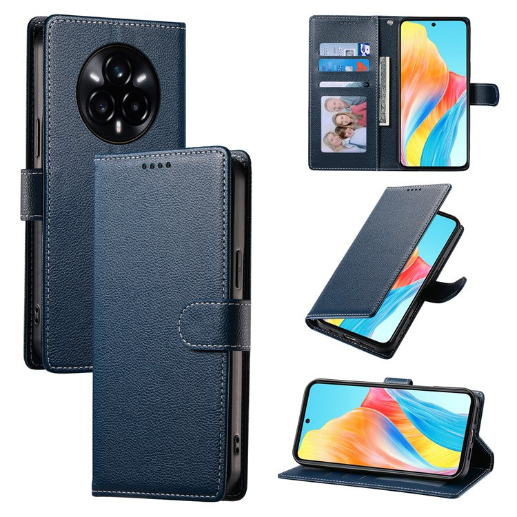 For Realme 14 Pro+ 5G Stand Case Litchi Texture Leather Wallet Phone Cover Magnetic Snap - Dark Blue