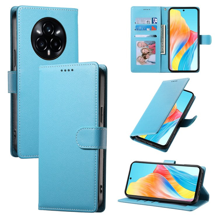 For Realme 14 Pro+ 5G Stand Case Litchi Texture Leather Wallet Phone Cover Magnetic Snap - Sky Blue
