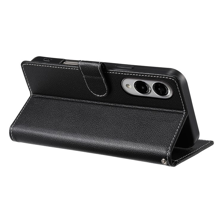 For Samsung Galaxy S25 Edge Stand Case Litchi Texture Leather Wallet Phone Cover Magnetic Snap - Black