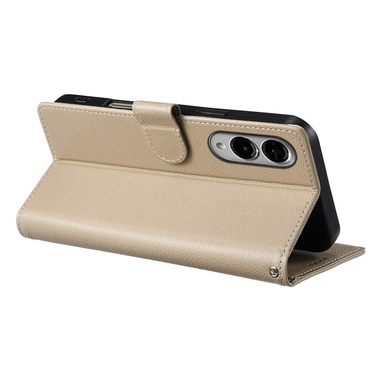 For Samsung Galaxy S25 Edge Stand Case Litchi Texture Leather Wallet Phone Cover Magnetic Snap - Apricot