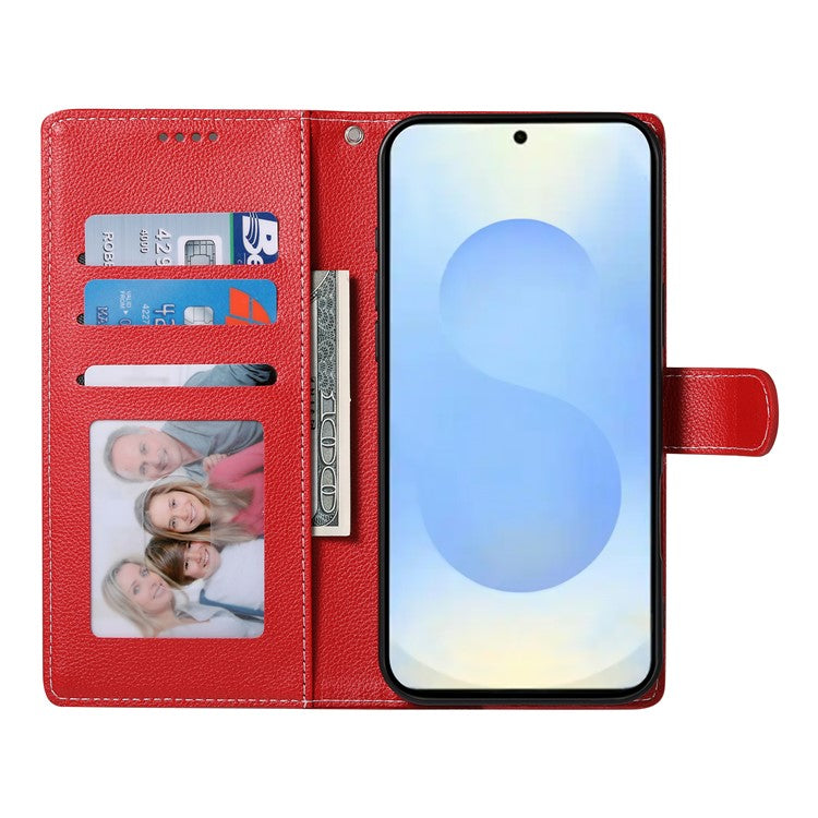 For Samsung Galaxy S25 Edge Stand Case Litchi Texture Leather Wallet Phone Cover Magnetic Snap - Red