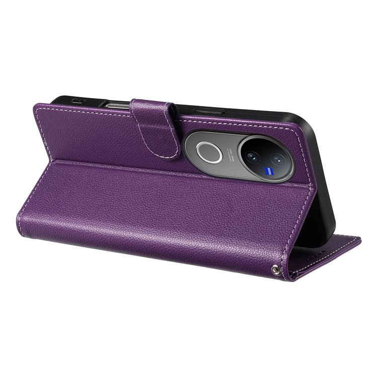 For vivo V50 5G Stand Case Litchi Texture Leather Wallet Phone Cover Magnetic Snap - Purple